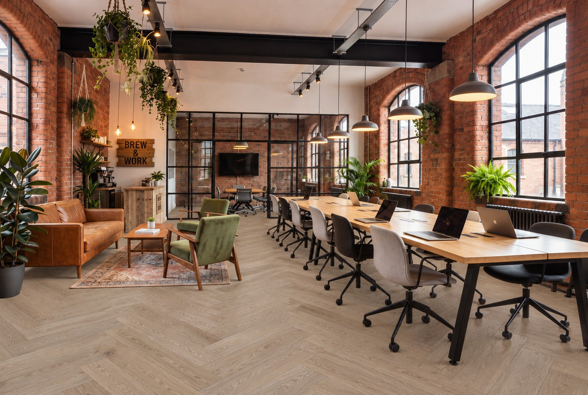 Daytona Dune Oak Herringbone flooring in a coworking space, room visualisation