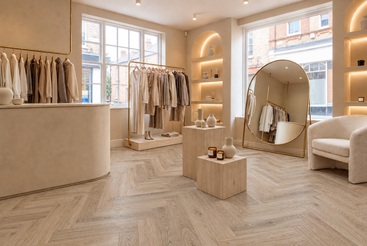 Daytona Linen Oak Herringbone flooring in a boutique, room visualisation