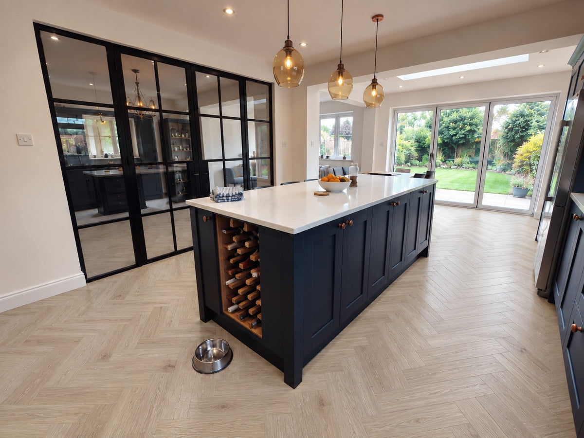 Daytona Linen Oak Herringbone flooring in a kitchen, room visualisation