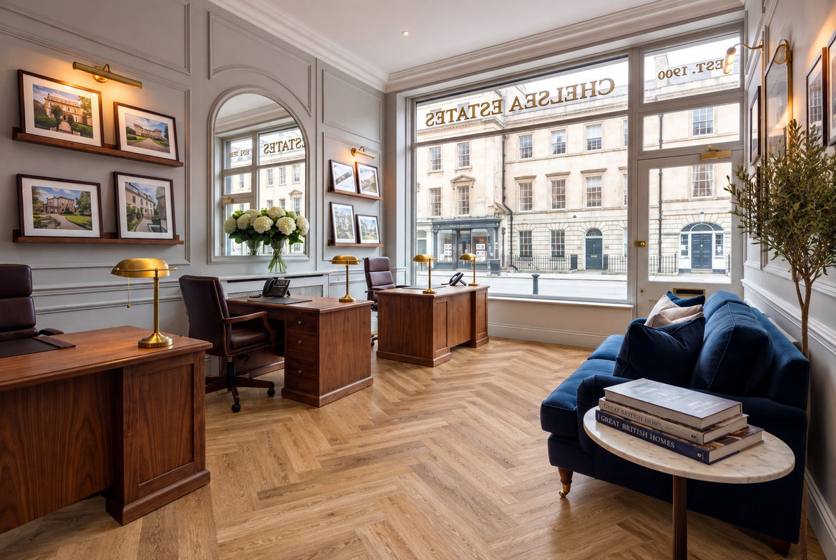 Daytona Manuka Oak Herringbone flooring in an estate agents office, room visualisation