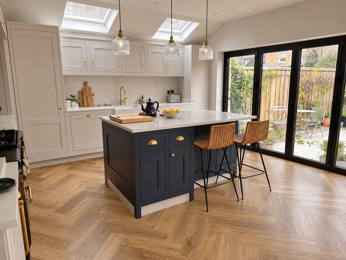 Daytona Manuka Oak Herringbone flooring in a kitchen, room visualisation