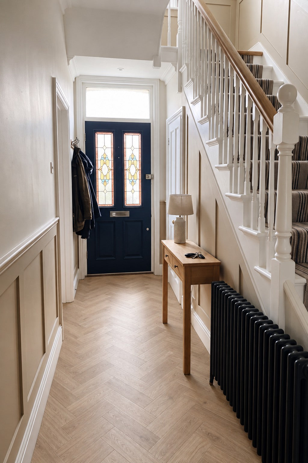 Daytona Natural Oak Herringbone flooring in a hallway, room visualisation