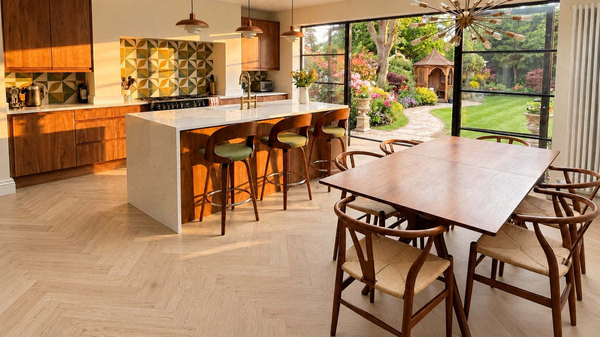 Daytona Natural Oak Herringbone flooring in a kitchen, room visualisation