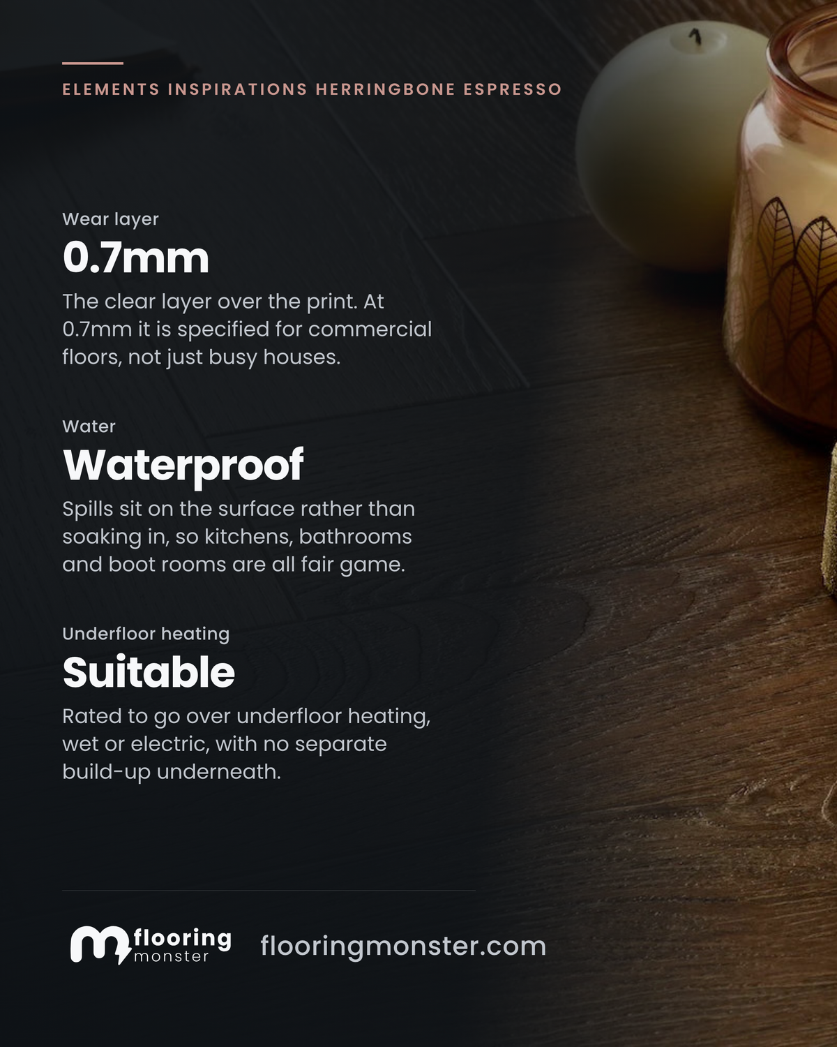Elements Inspirations Herringbone Espresso EIH02 Glue Down LVT Vinyl Flooring: wear layer 0.7mm, water Waterproof, underfloor heating Suitable.