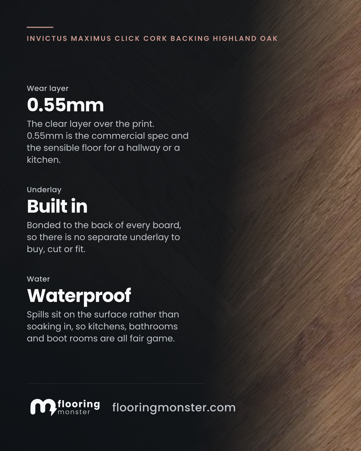 Invictus Maximus Click Cork Backing Highland Oak Parquet - Chocolate Click SPC Flooring: wear layer 0.55mm, underlay Built in, water Waterproof.